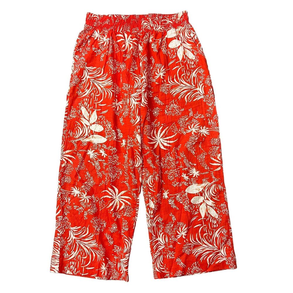 Christian Siriano Sz L Pants Cropped Orange Tropical Wide Leg High Rise Pull On